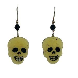Scary Skull Earrings Silver Tone Cream Black Enamel Glitter Smiling Hooks 1.5"